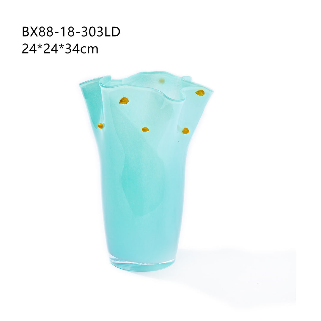 Hand-Blown Fluted Art Glass Vase with Ruffled Rim