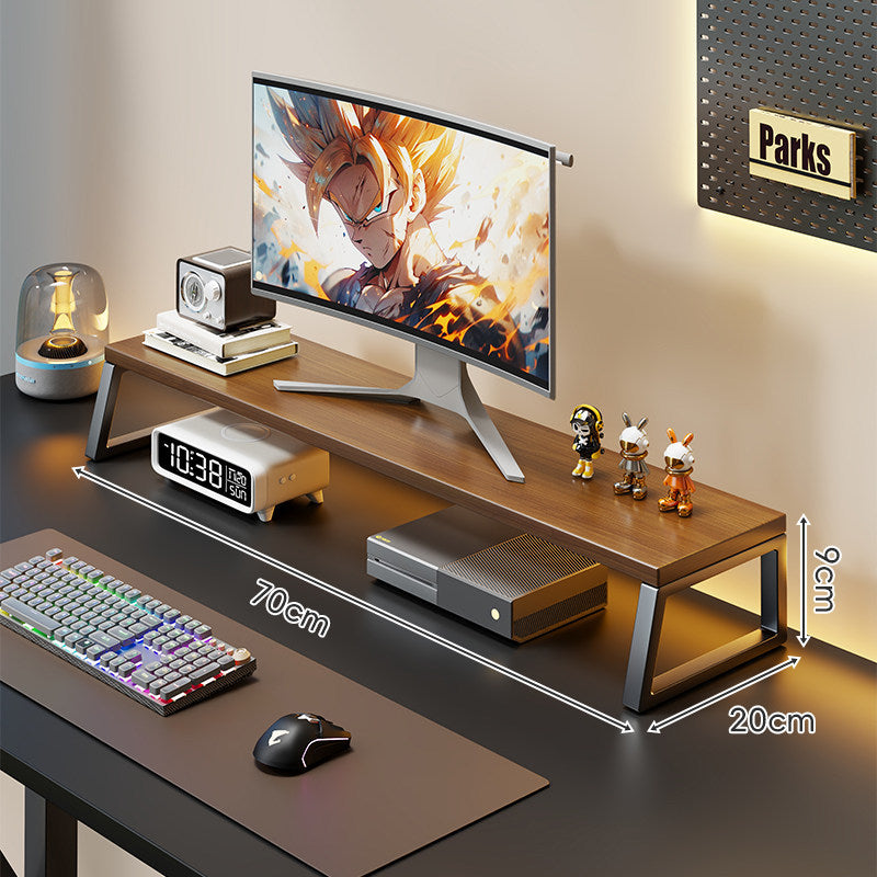 Curved Wood-Top Monitor Riser with Metal Frame and Under-Shelf Organizer