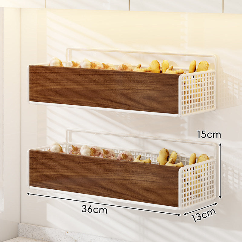 Wall-Mounted Wooden-Front Metal Mesh Kitchen Storage Basket Organizer