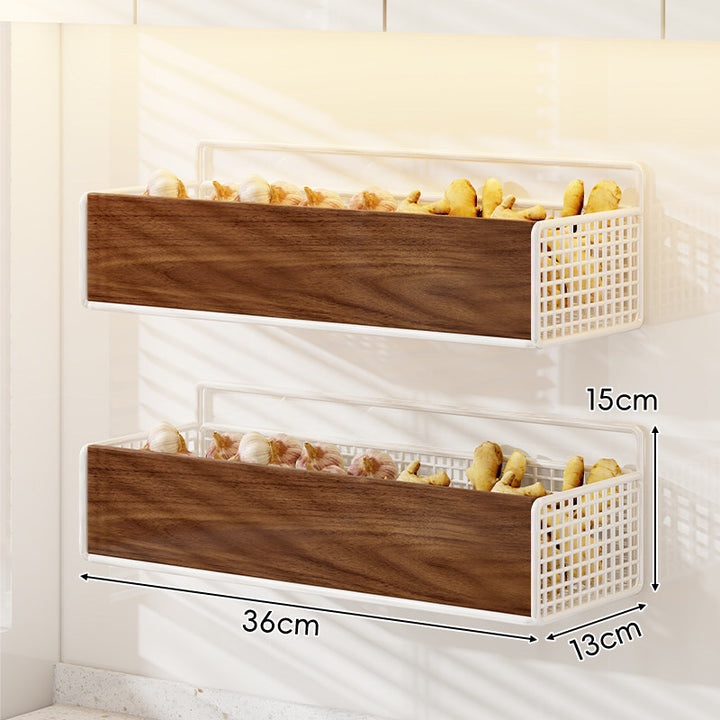 Wall-Mounted Wooden-Front Metal Mesh Kitchen Storage Basket Organizer