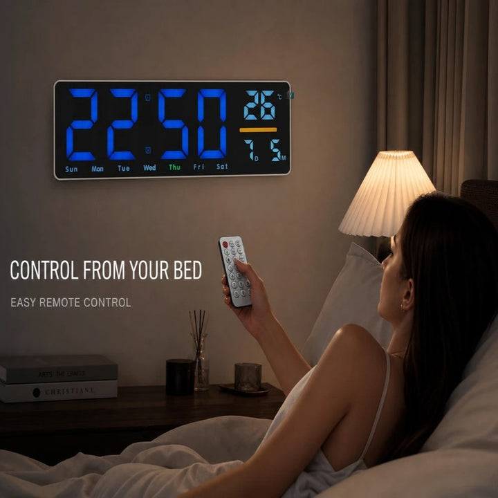 Digital wall clock with temperature and calendar display