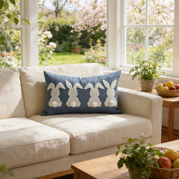 Tufted Bunny Appliqué Lumbar Throw Pillow Cover with Pom-Pom Tail