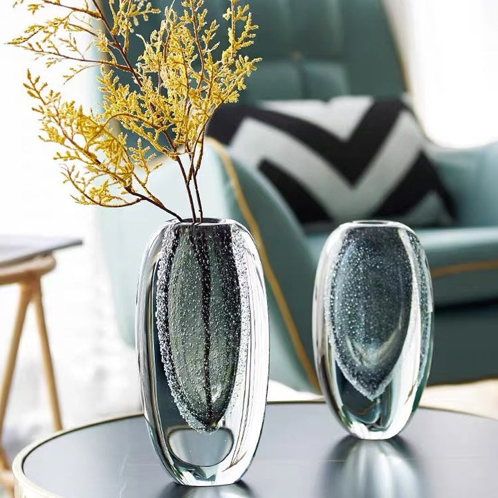 Double-Layer Hand-Blown Sculptural Glass Bud Vase with Encased Bubble Core