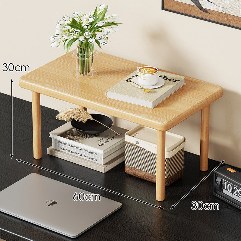Compact Solid Wood Elevated Desk Display Stand with Under-Shelf Storage and Rounded Leg Design