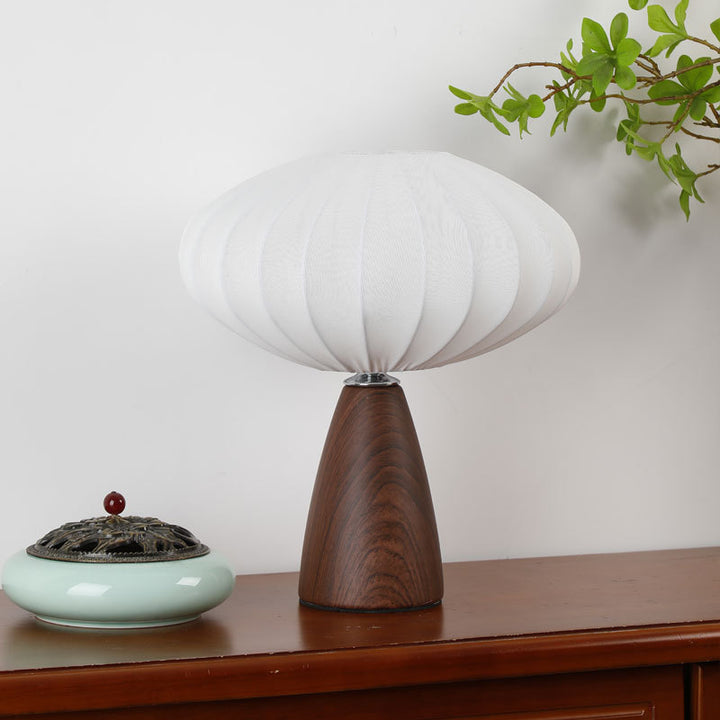 Mid-Century Wood Grain Cone Base Mushroom Fabric Table Lamp