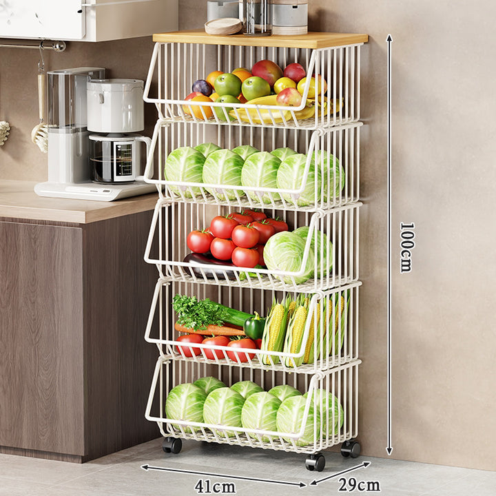 Multi-Tier Rolling Kitchen Fruit and Vegetable Storage Cart with Wood Top