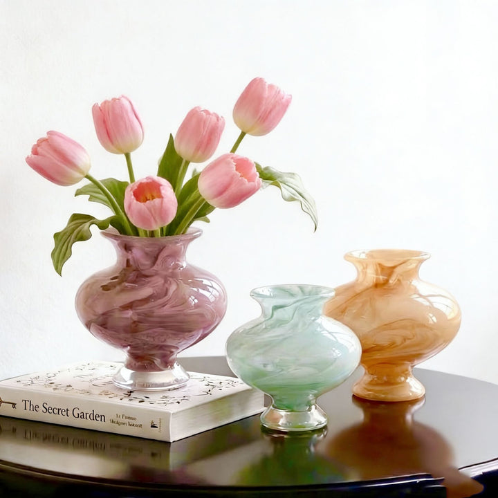 Mini Hand-Blown Swirled Glass Bulb Vase with Pedestal Base
