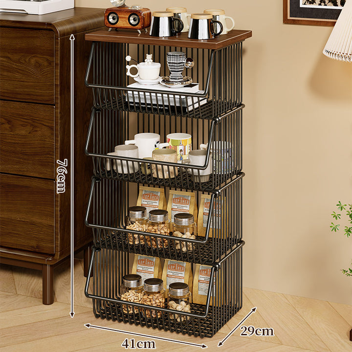 Four-Tier Industrial Wire Basket Cart with Wood Top and Swivel Locking Casters