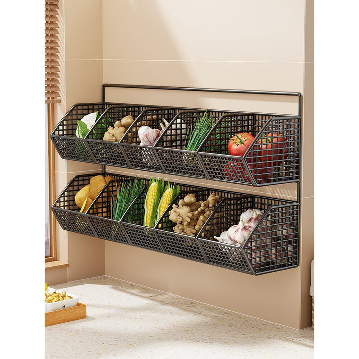 Wall-Mounted Double-Tier Grid Mesh Kitchen Storage Basket Organizer