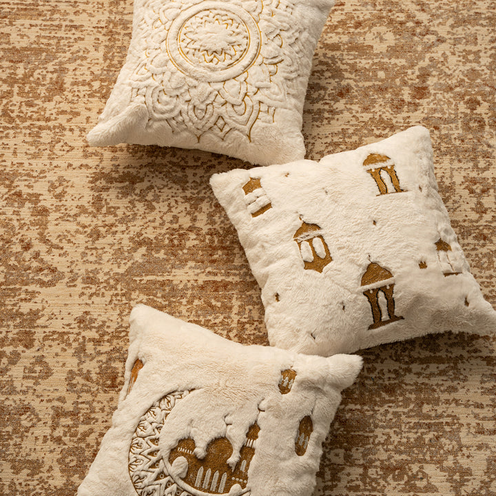 Square cushions made of micro plush with embossed mandala relief and concealed zipper