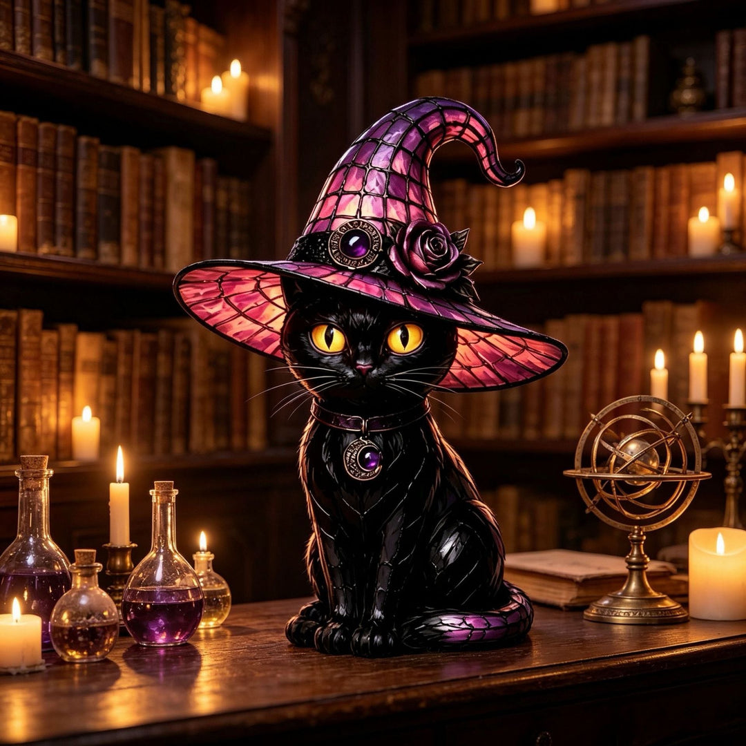 Decorative cat lamp with witch hat