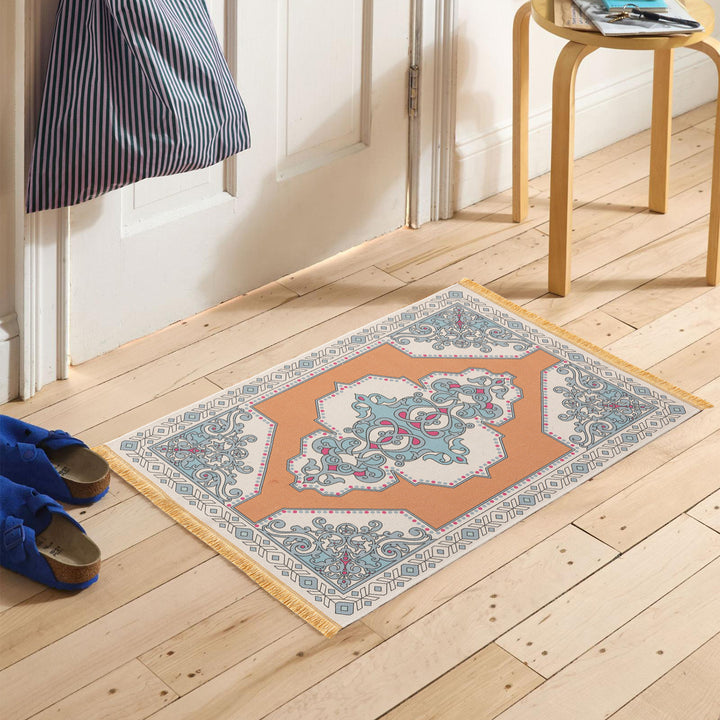 Woven oriental carpet runner with fringes and intricate medallion pattern
