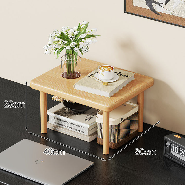 Compact Solid Wood Elevated Desk Display Stand with Under-Shelf Storage and Rounded Leg Design