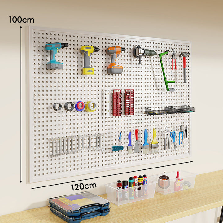 Heavy-Duty Wall-Mounted Perforated Steel Pegboard Tool Organizer with Modular Hooks and Shelf