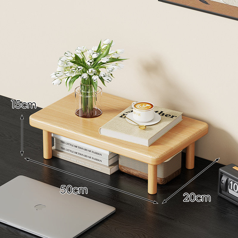 Compact Solid Wood Elevated Desk Display Stand with Under-Shelf Storage and Rounded Leg Design