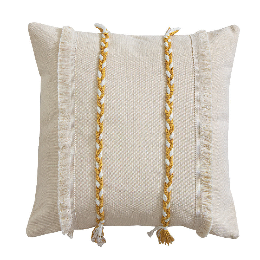 Decorative rectangular cotton cushion cover with woven trims and fringes