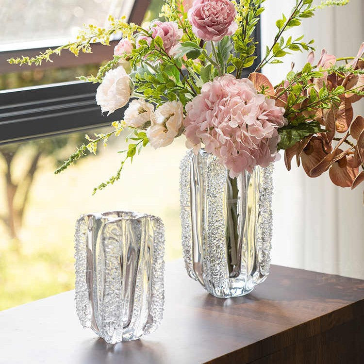Contemporary Clear Art Glass Column Bud Vase with Crystalline Side Texture