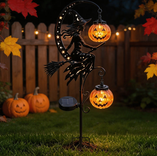 Outdoor Solar Halloween Garden Stake with Witch Silhouette and Hanging Pumpkin Lanterns