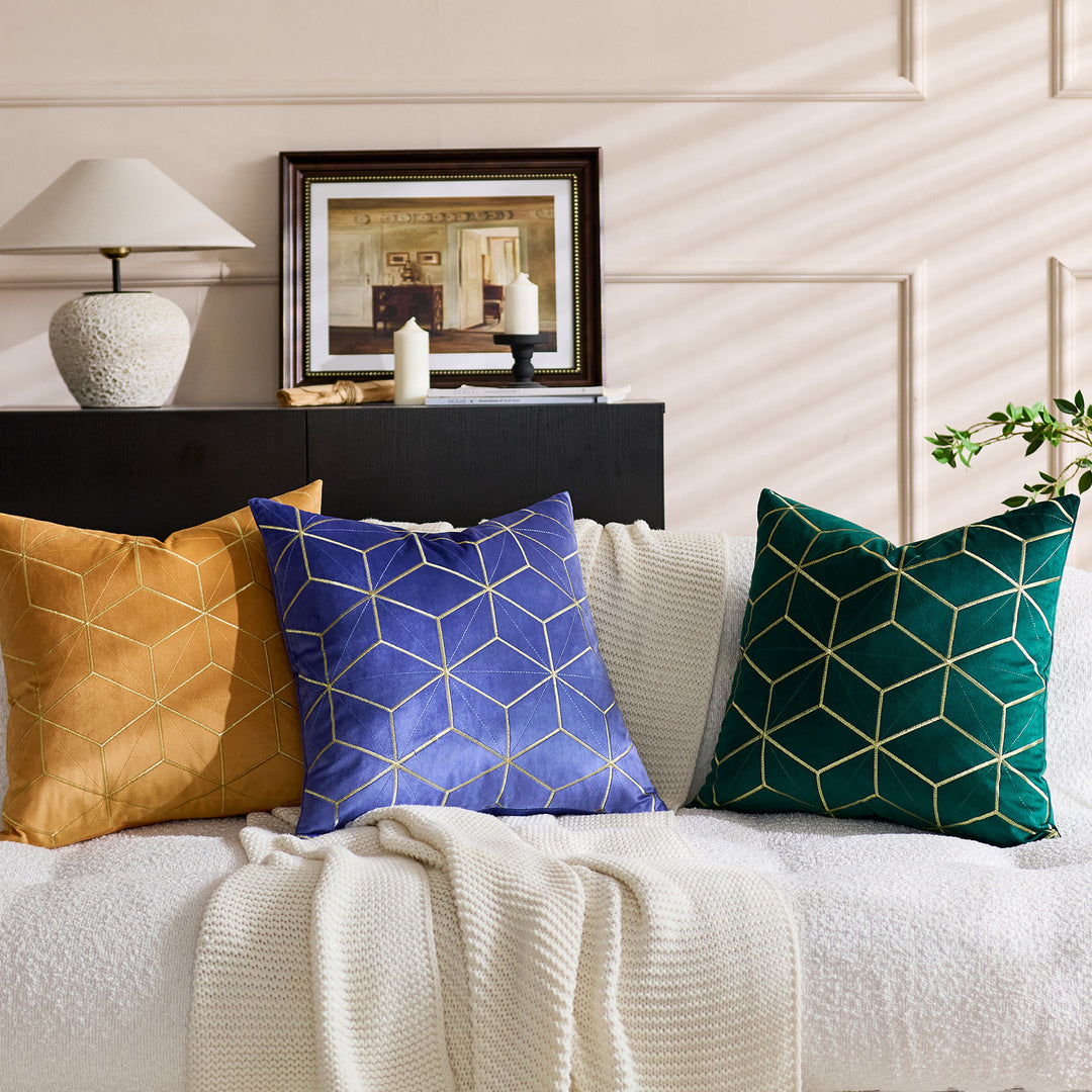 Embroidered Velvet Geometric Square Throw Pillow Cover with Metallic Stitching