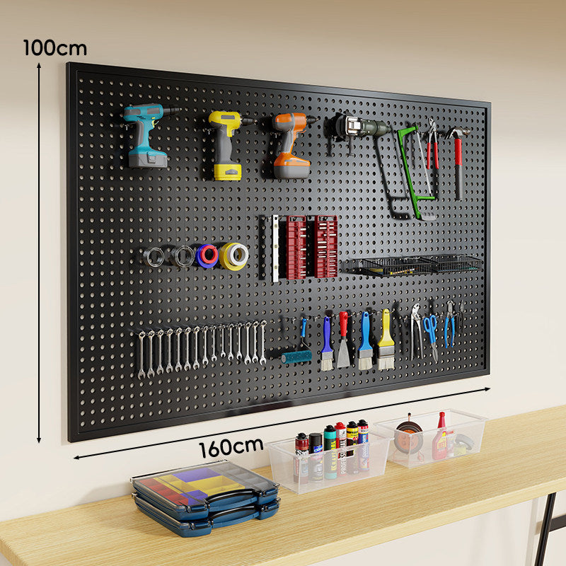 Heavy-Duty Wall-Mounted Perforated Steel Pegboard Tool Organizer with Modular Hooks and Shelf