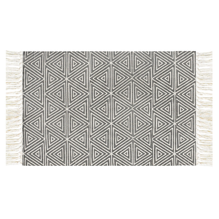 Flat-woven cotton runner with Mediterranean tile jacquard and decorative fringes