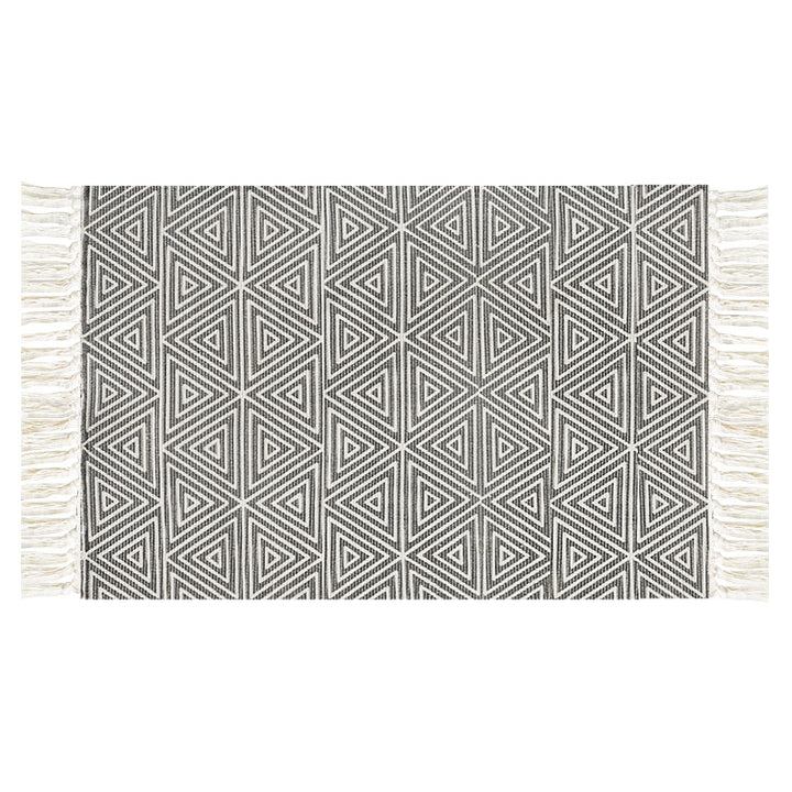 Flat-woven cotton runner with Mediterranean tile jacquard and decorative fringes