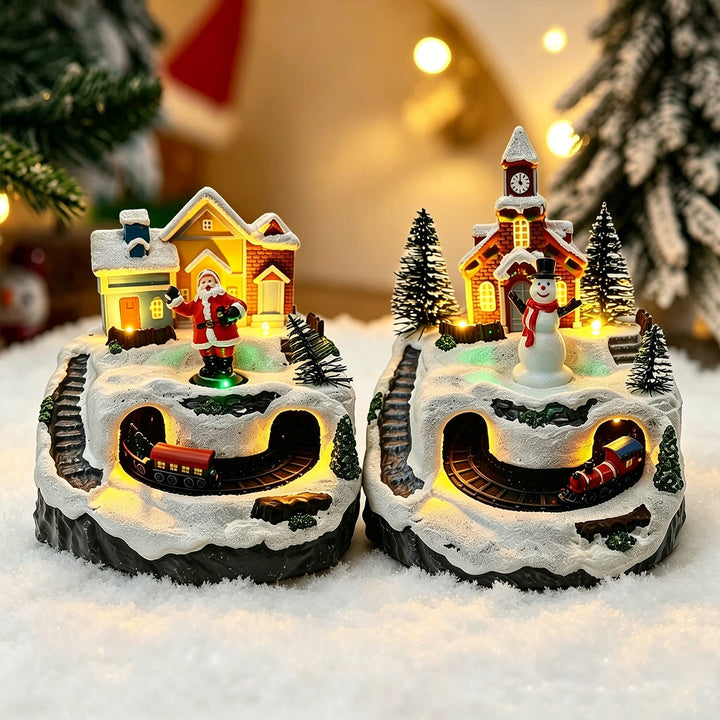 Movable Christmas village with lights and snowman