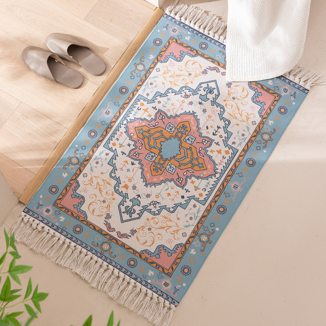 Woven oriental carpet runner with fringes and intricate medallion pattern