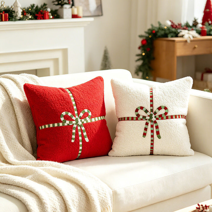 Holiday Textured Plush Throw Pillow with Embroidered Ribbon Bow