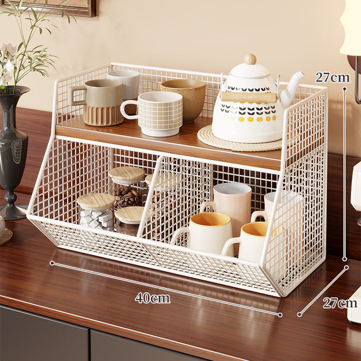 Two-Level Angled Wire Mesh Countertop Organizer with Wood-Effect Top Shelf and Front Drop Bins