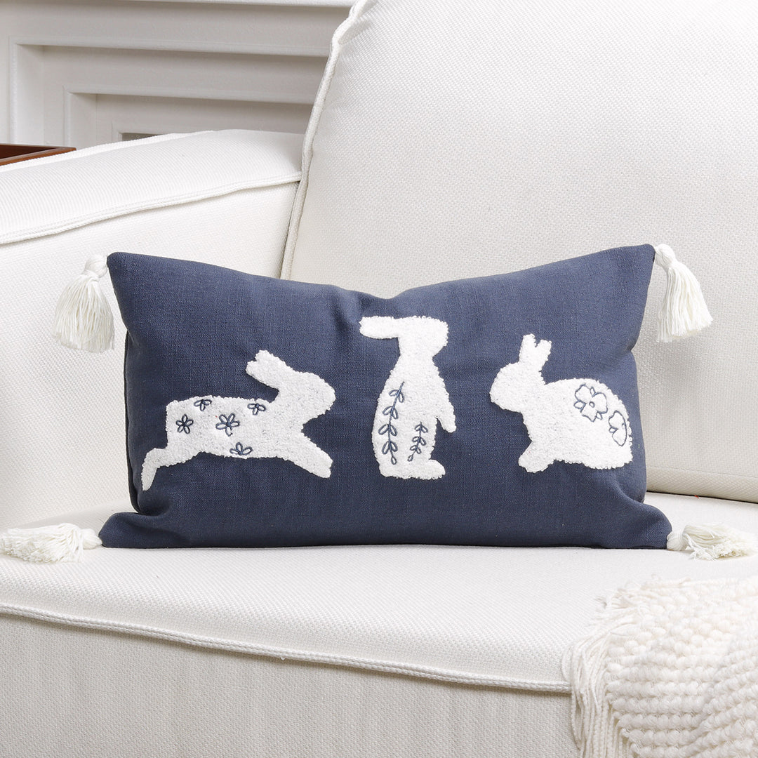 Embroidered Bunny Appliqué Tassel Lumbar Pillow Cover