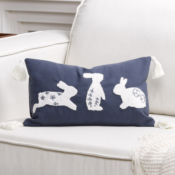 Embroidered Bunny Appliqué Tassel Lumbar Pillow Cover