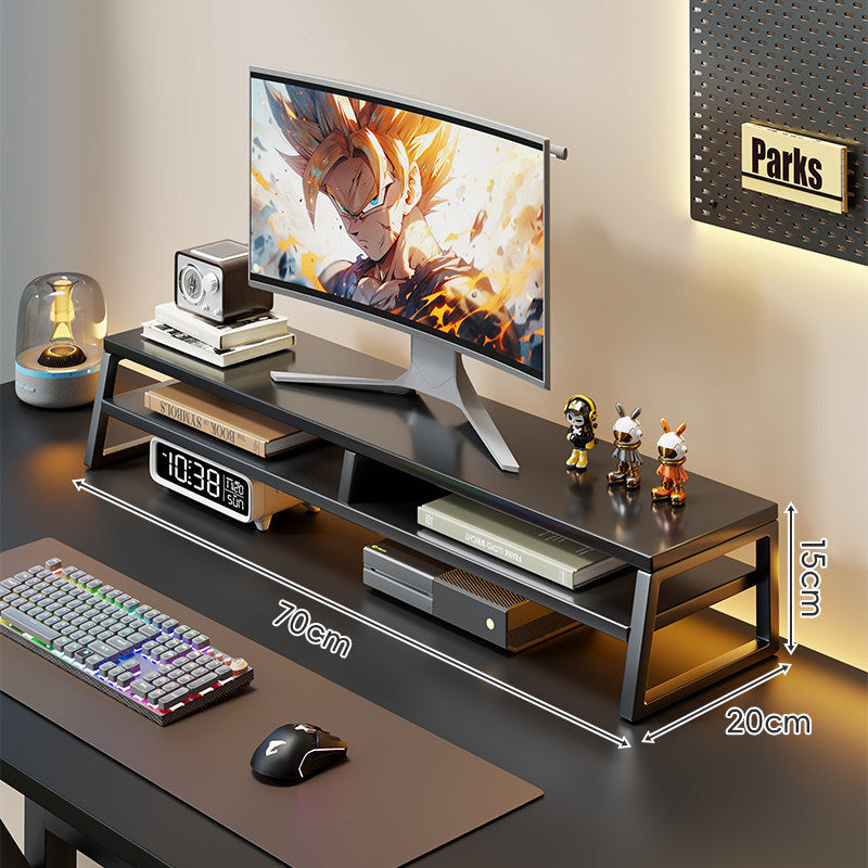 Low-Profile Wooden Monitor Platform with Integrated Cable Channel and Under-Shelf Storage