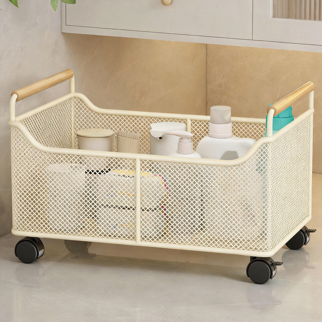 Rectangular Mesh Metal Countertop Organizer with Wooden Handles