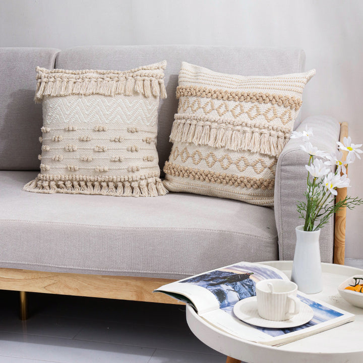Woven Boho cushion cover with fringe stripes and handcrafted border