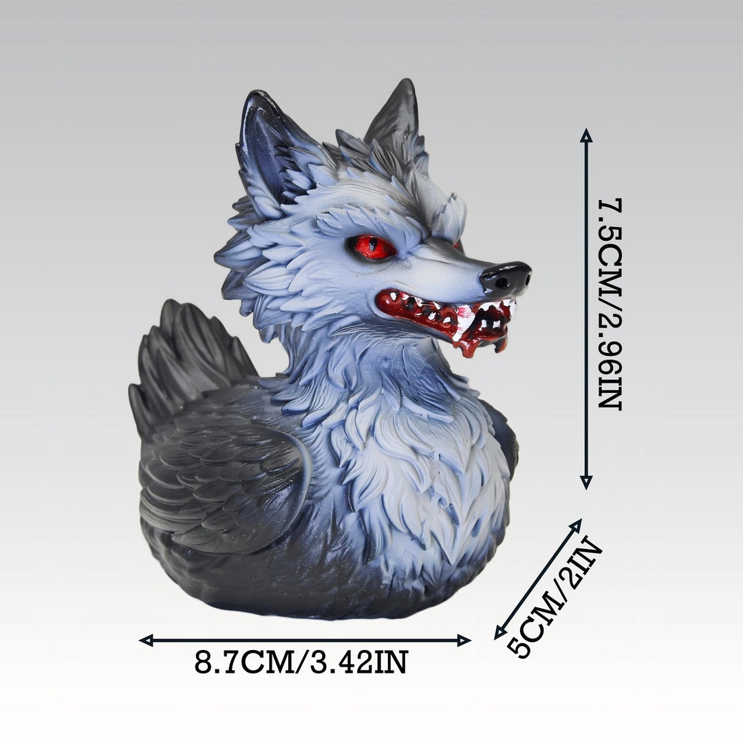 Creepy rubber duck with wolf design