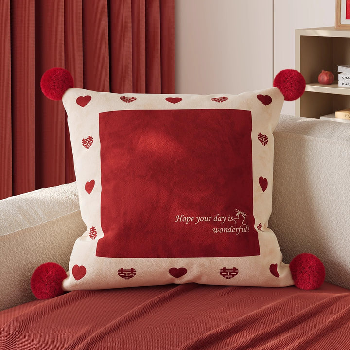 Decorative Square Throw Pillow Cover with Pom-Pom Corners and Cartoon Dog Illustration