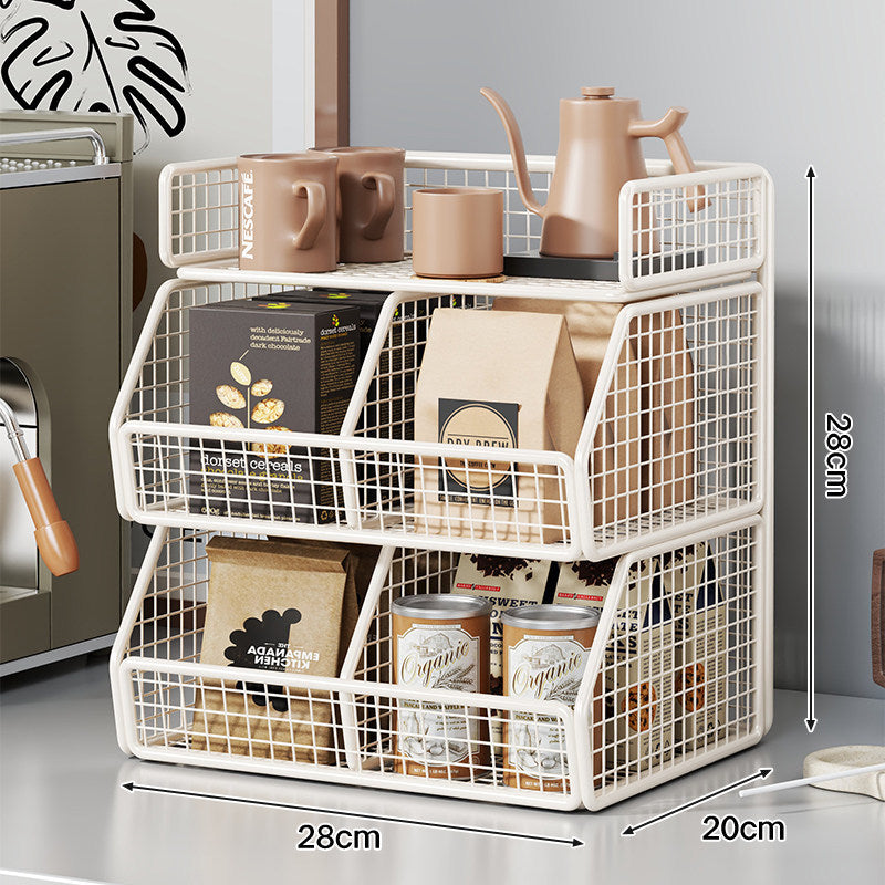 Stackable Two-Tier Wire Mesh Countertop Pantry Organizer with Tilt-Front Bins