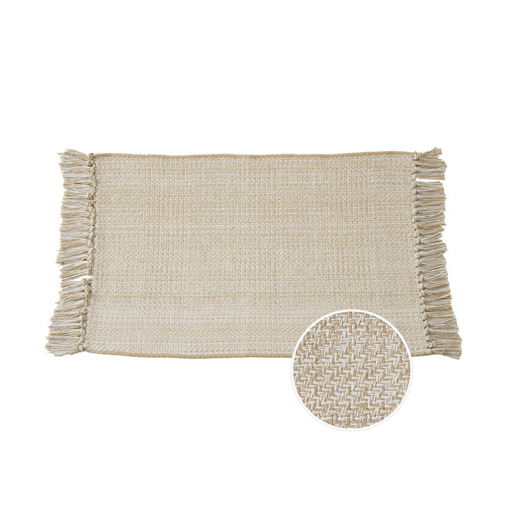 Woven table runner with dense herringbone jacquard and fringes