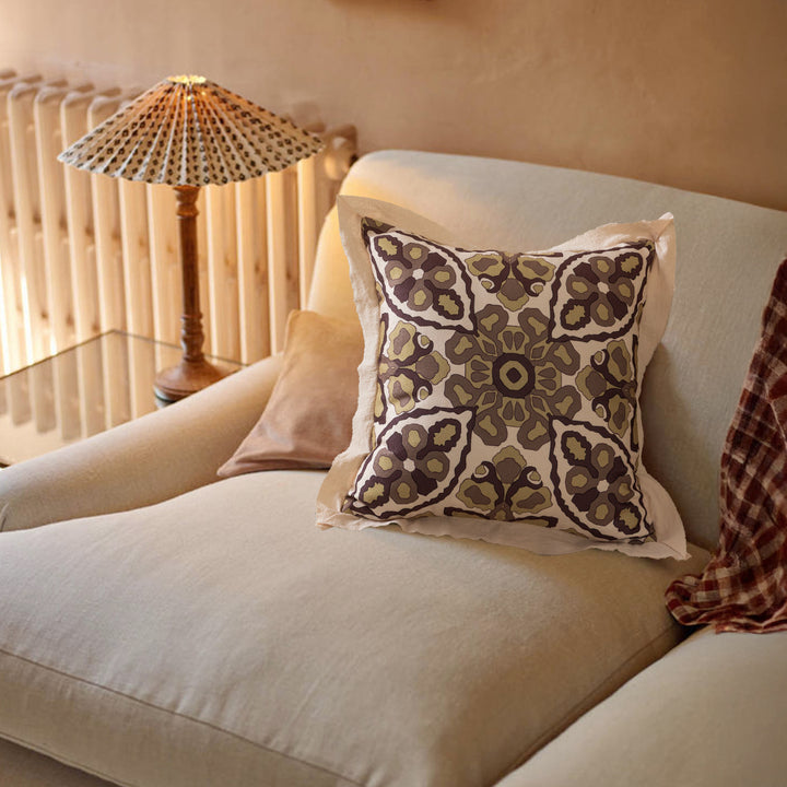 Decorative linen cushion cover with ethnic pattern