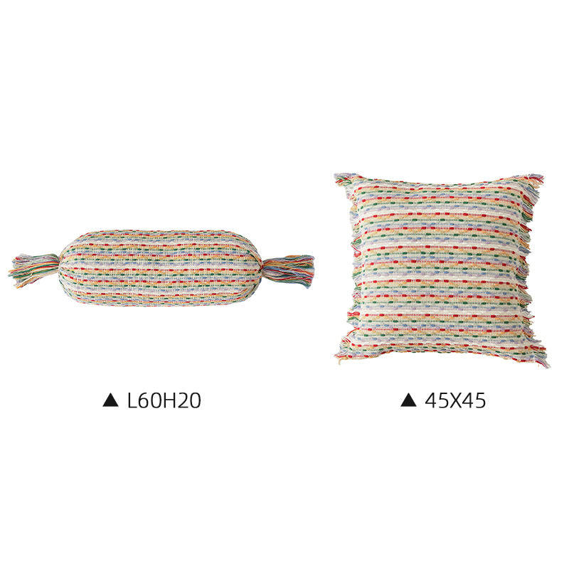 Boho-woven decorative pillow set with cylinder roll and square fringe cover