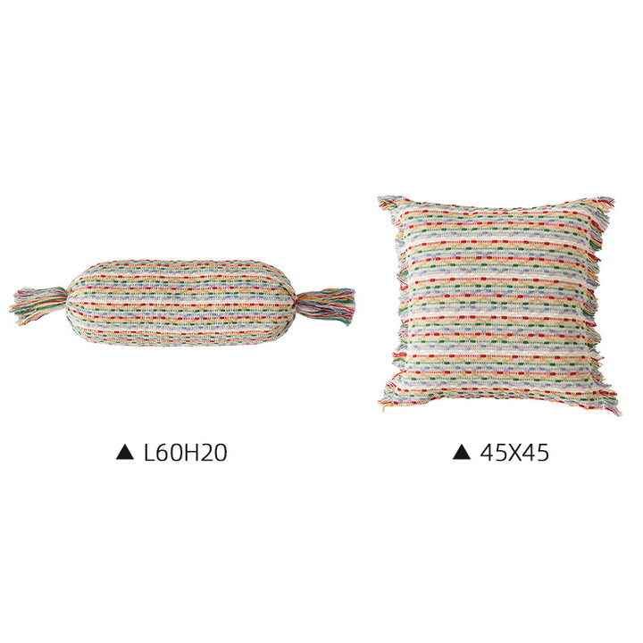 Boho-woven decorative pillow set with cylinder roll and square fringe cover
