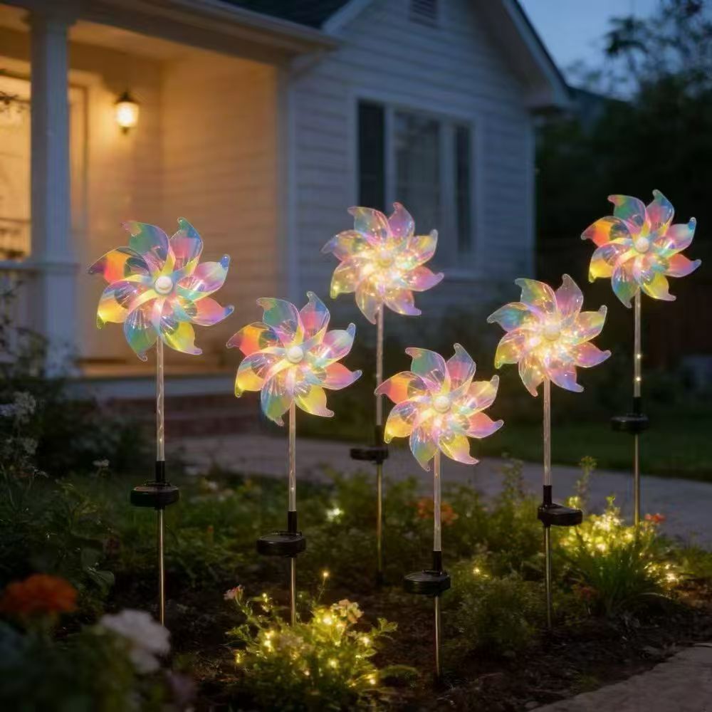 Solar-powered LED iridescent flower windmill garden stake