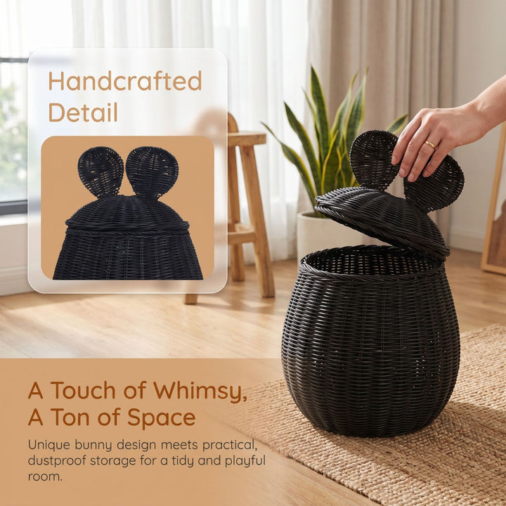 Playful storage basket with lid and ear design