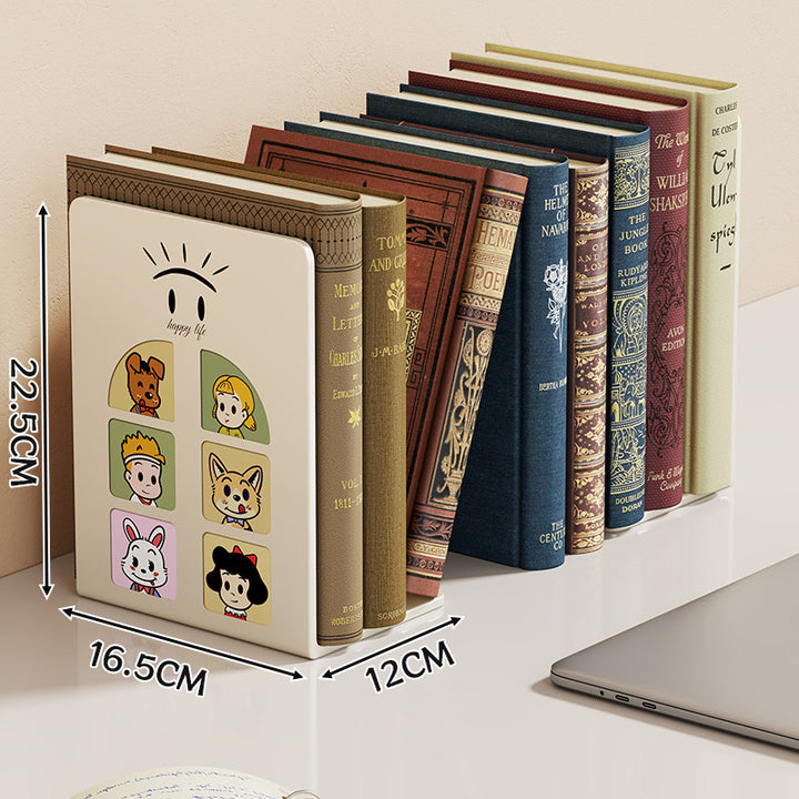 Cute Cartoon Desktop Metal Bookend with Anti-Slip Base and Decorative Panel