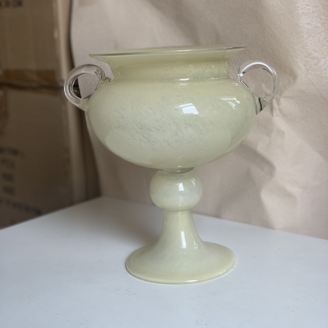 Hand-Blown Pedestal Urn-Style Decorative Glass Vase with Dual Loop Handles