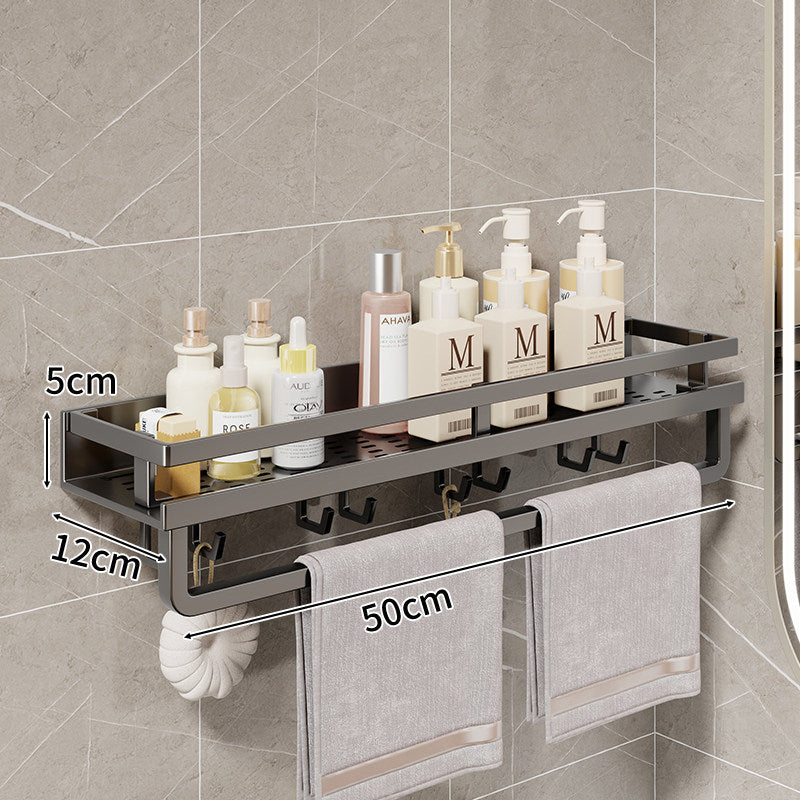 Compact Wall-Mounted Bathroom Shelf with Integrated Towel Rail and Multi-Hook Metal Organizer