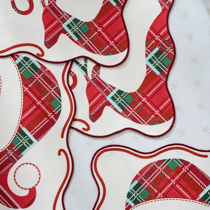 Rectangular Christmas floor rug with embroidered reindeer motif and check pattern