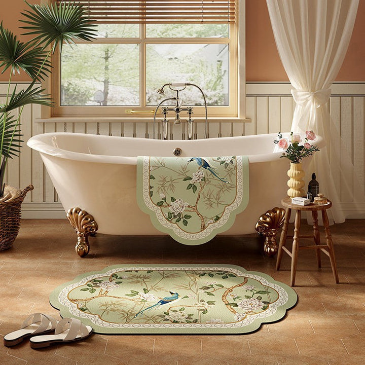 Floral Patterned Scalloped Bath Mat for Bathroom