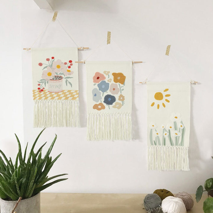 Boho Wall Hanging with Woven Flower Tufting and Macrame Fringes